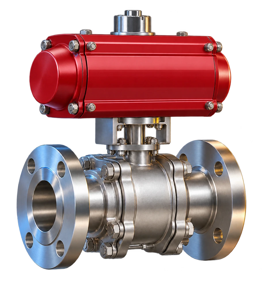 Stainless-steel flanged ball valve with red pneumatic actuator